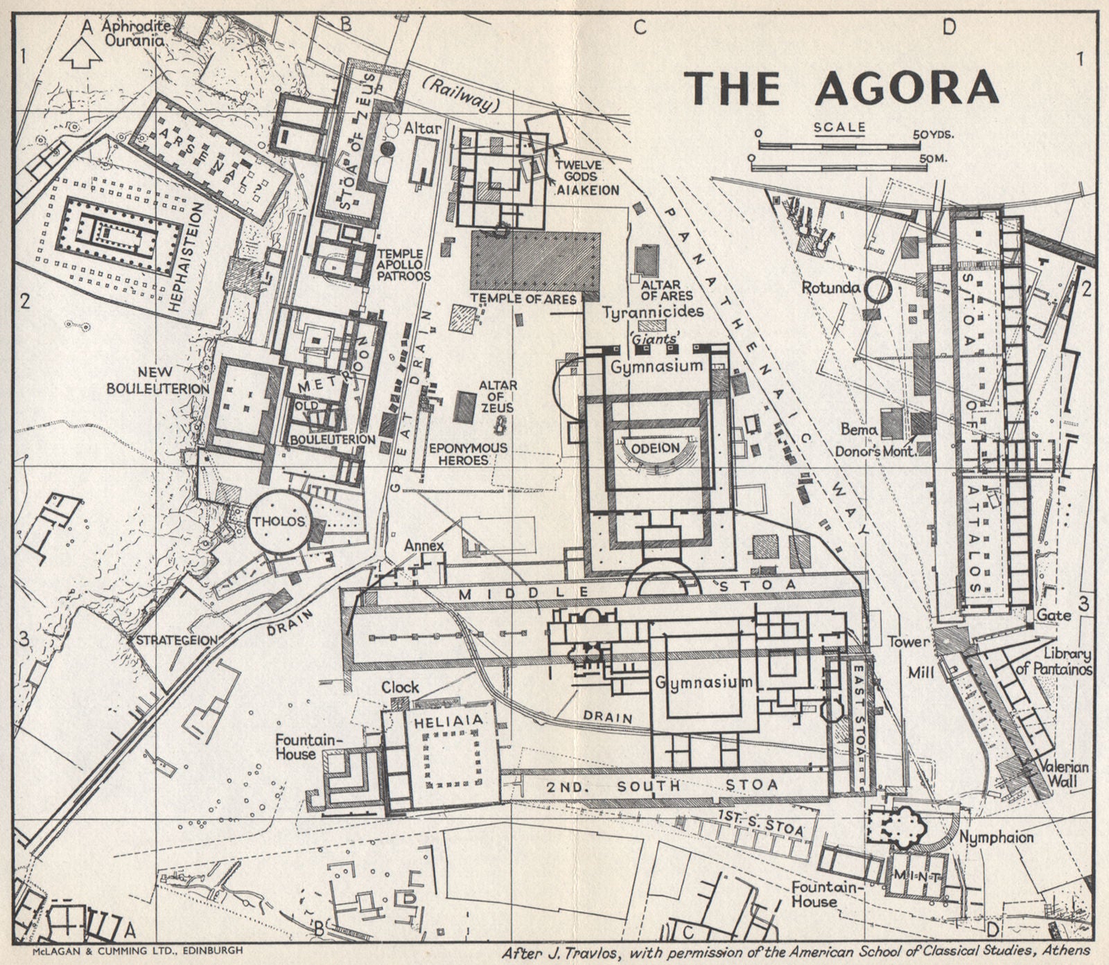 THE AGORA vintage ground plan. Athens, Greece 1967 old vintage map chart